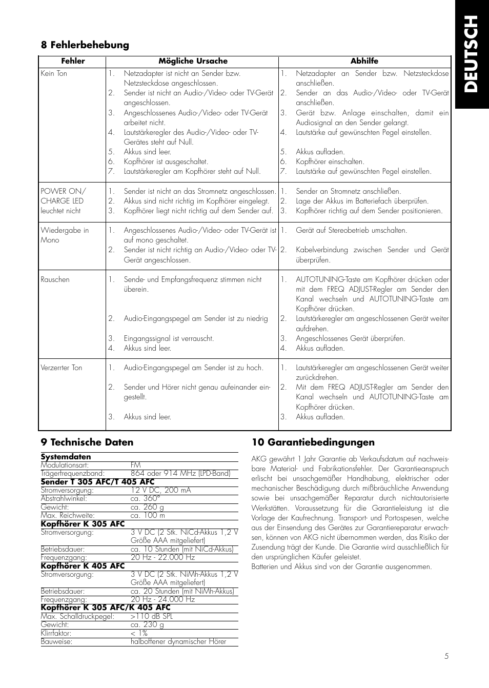 Deutsch, 8 fehlerbehebung 9 technische daten, 10 garantiebedingungen | AKG Acoustics K 305 AFC User Manual | Page 5 / 30