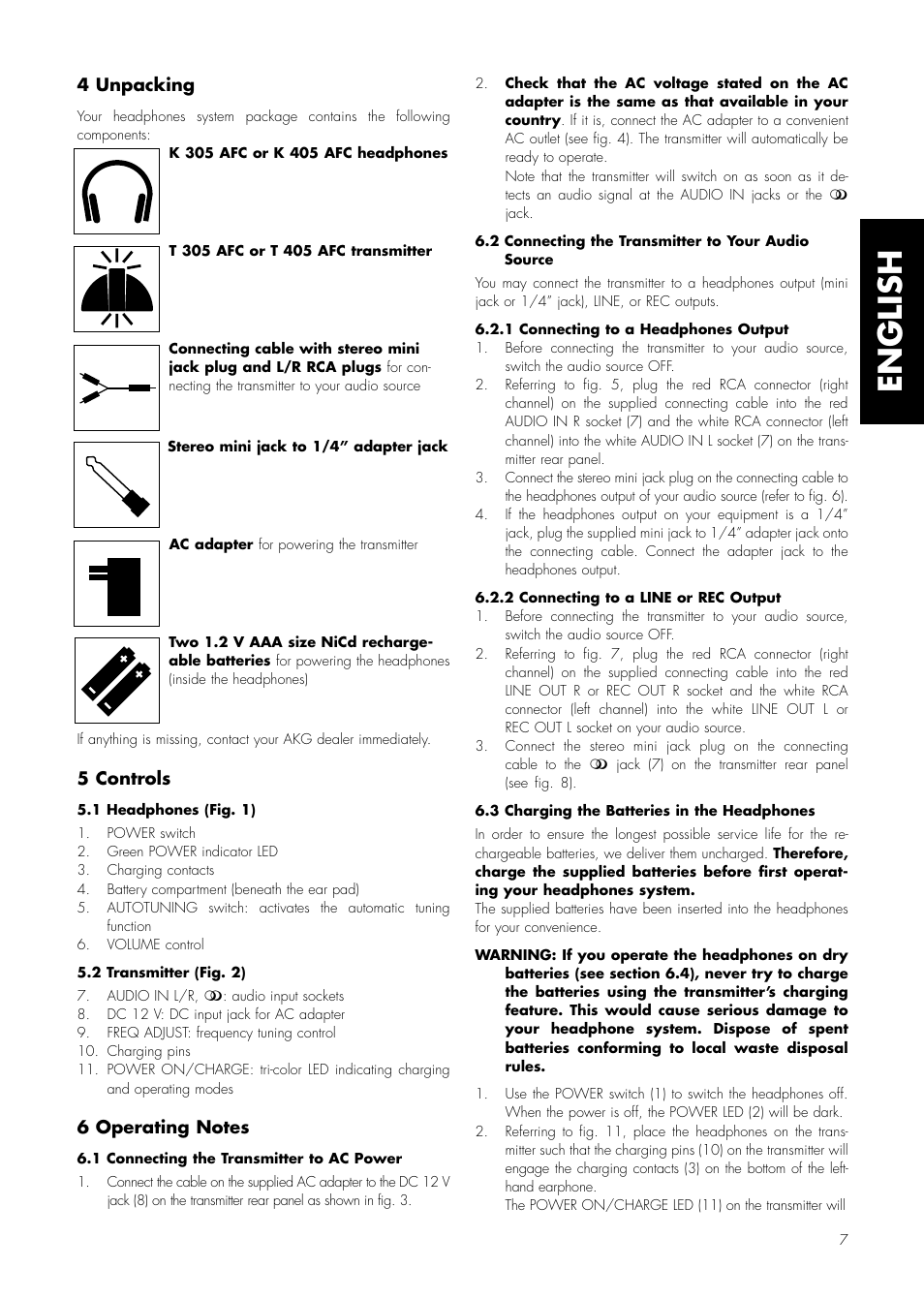 English, 4 unpacking, 5 controls | AKG Acoustics K 305 AFC User Manual | Page 7 / 30