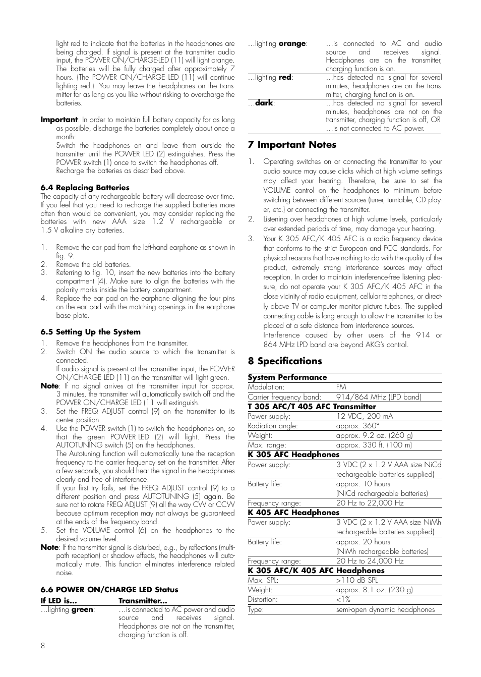 8 specifications | AKG Acoustics K 305 AFC User Manual | Page 8 / 30
