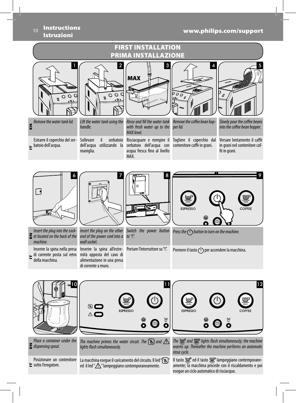 First installation prima installazione | Philips Saeco Minuto Machine espresso Super Automatique User Manual | Page 10 / 92