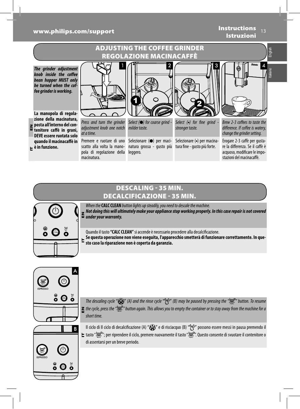 Descaling - 35 min. decalcificazione - 35 min | Philips Saeco Minuto Machine espresso Super Automatique User Manual | Page 13 / 92