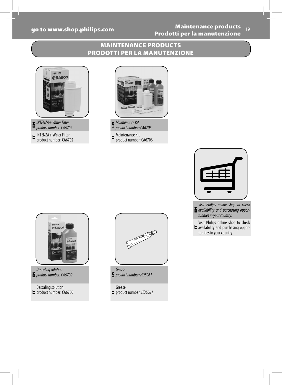 Maintenance products prodotti per la manutenzione | Philips Saeco Minuto Machine espresso Super Automatique User Manual | Page 19 / 92