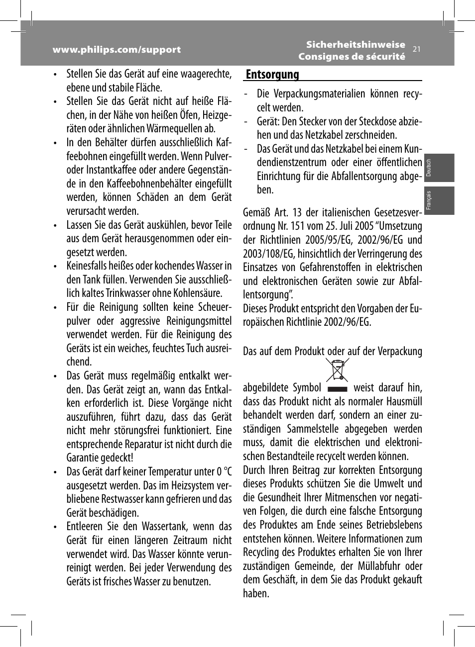 Entsorgung | Philips Saeco Minuto Machine espresso Super Automatique User Manual | Page 21 / 92