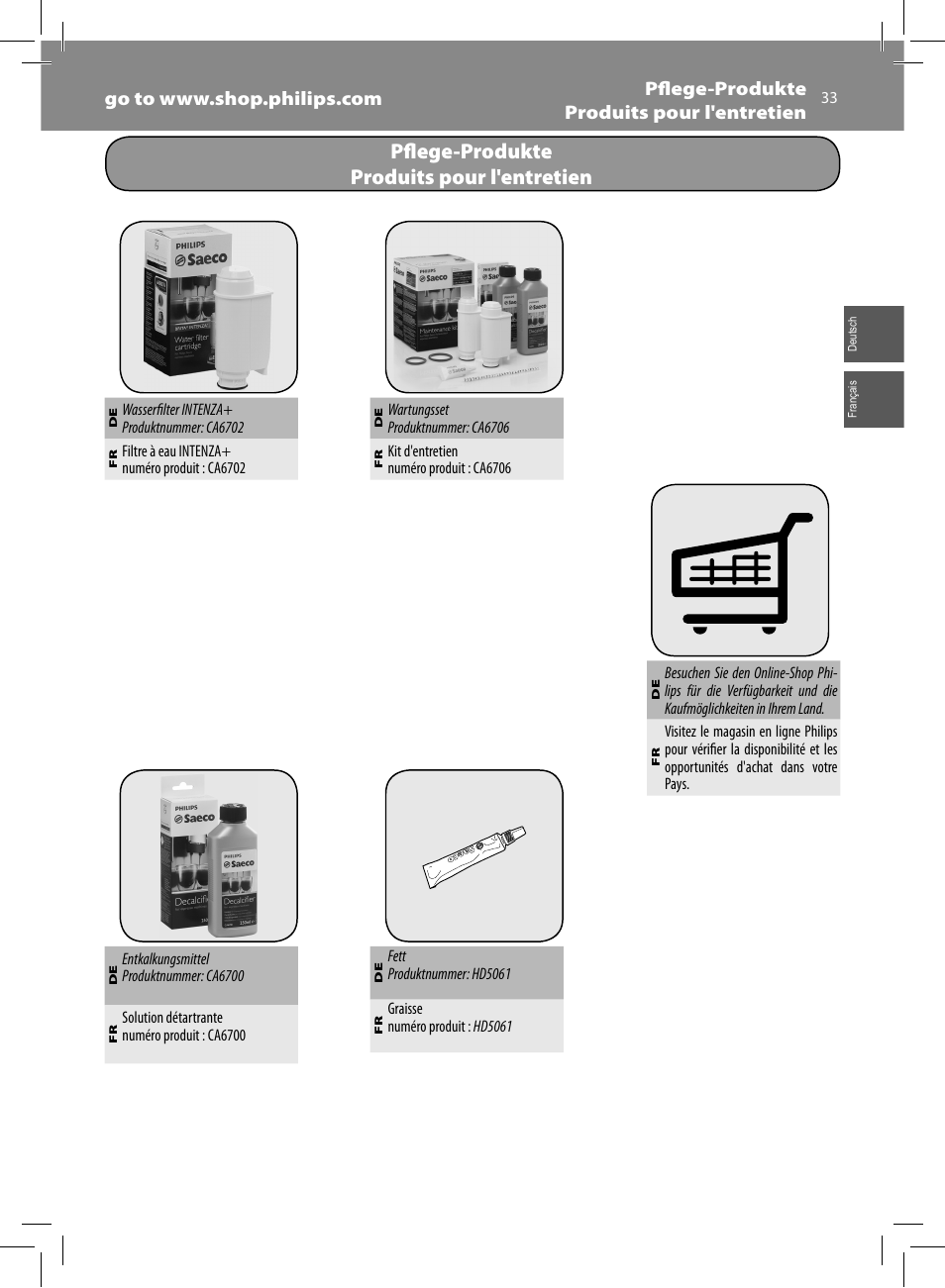 Pfl ege-produkte produits pour l'entretien | Philips Saeco Minuto Machine espresso Super Automatique User Manual | Page 33 / 92
