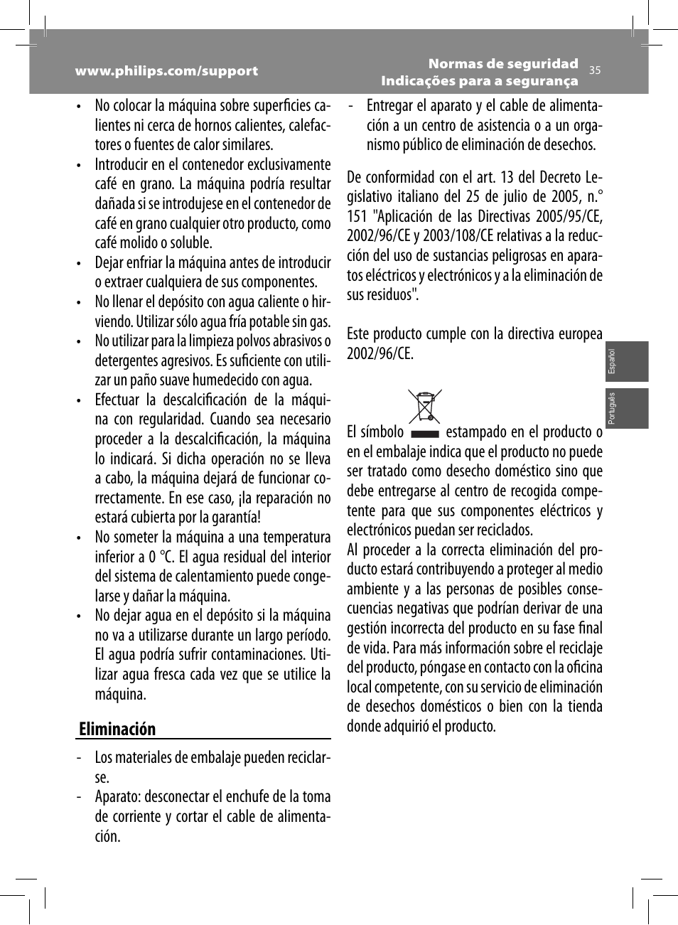 Eliminación | Philips Saeco Minuto Machine espresso Super Automatique User Manual | Page 35 / 92