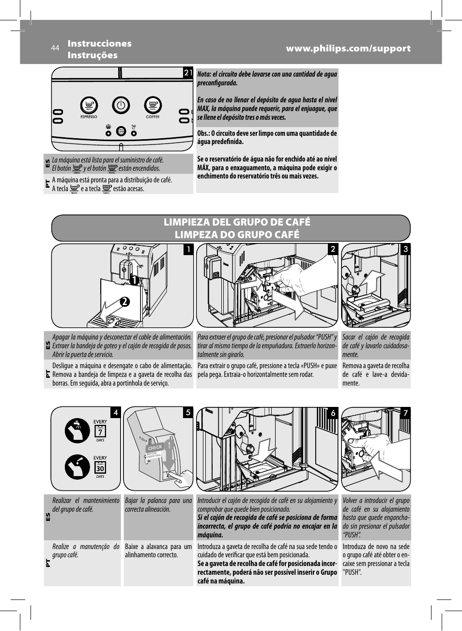 Limpieza del grupo de café limpeza do grupo café | Philips Saeco Minuto Machine espresso Super Automatique User Manual | Page 44 / 92