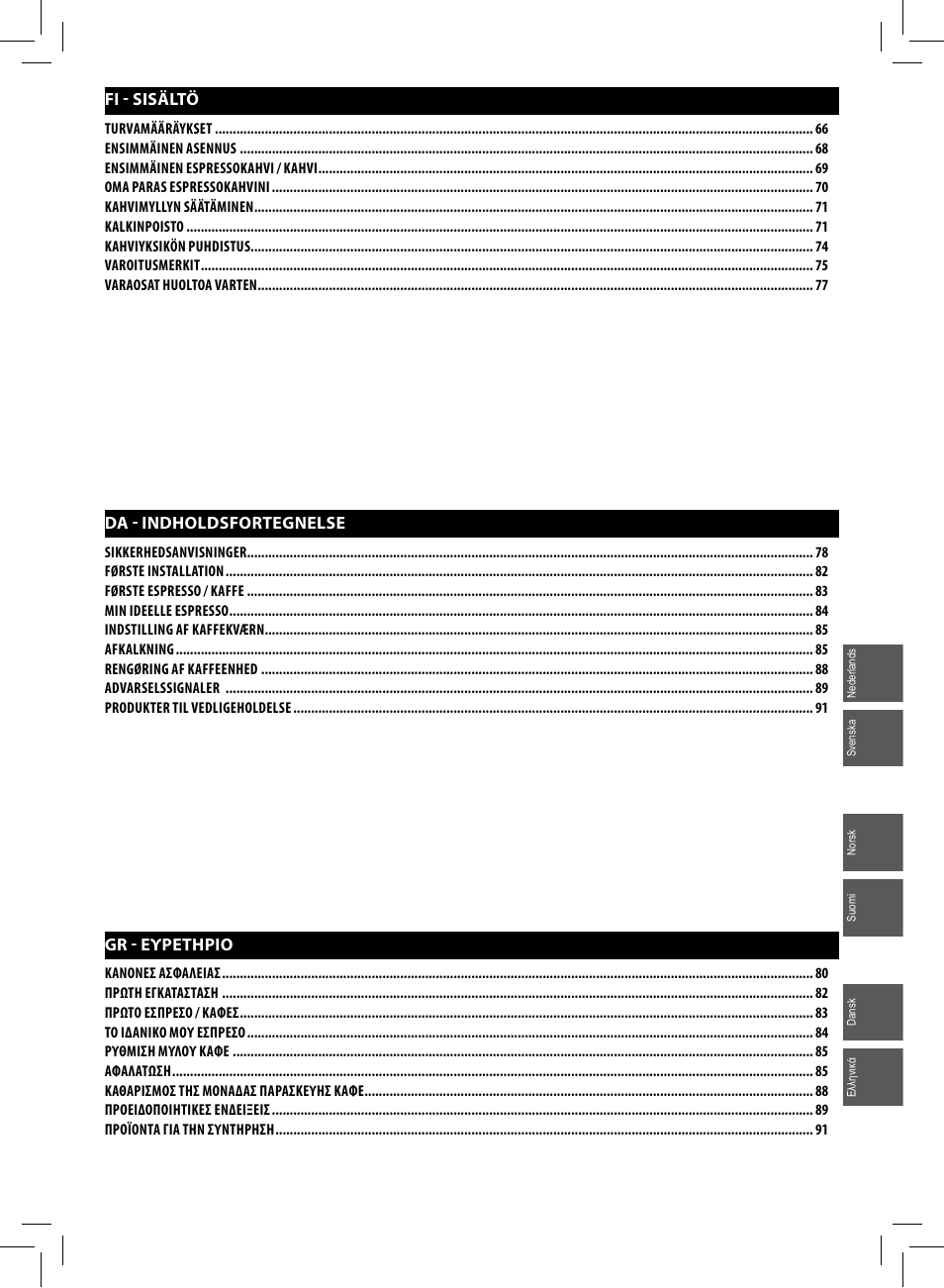 Fi - sisältö, Gr - ευρετηριο, Da - indholdsfortegnelse | Philips Saeco Minuto Machine espresso Super Automatique User Manual | Page 49 / 92