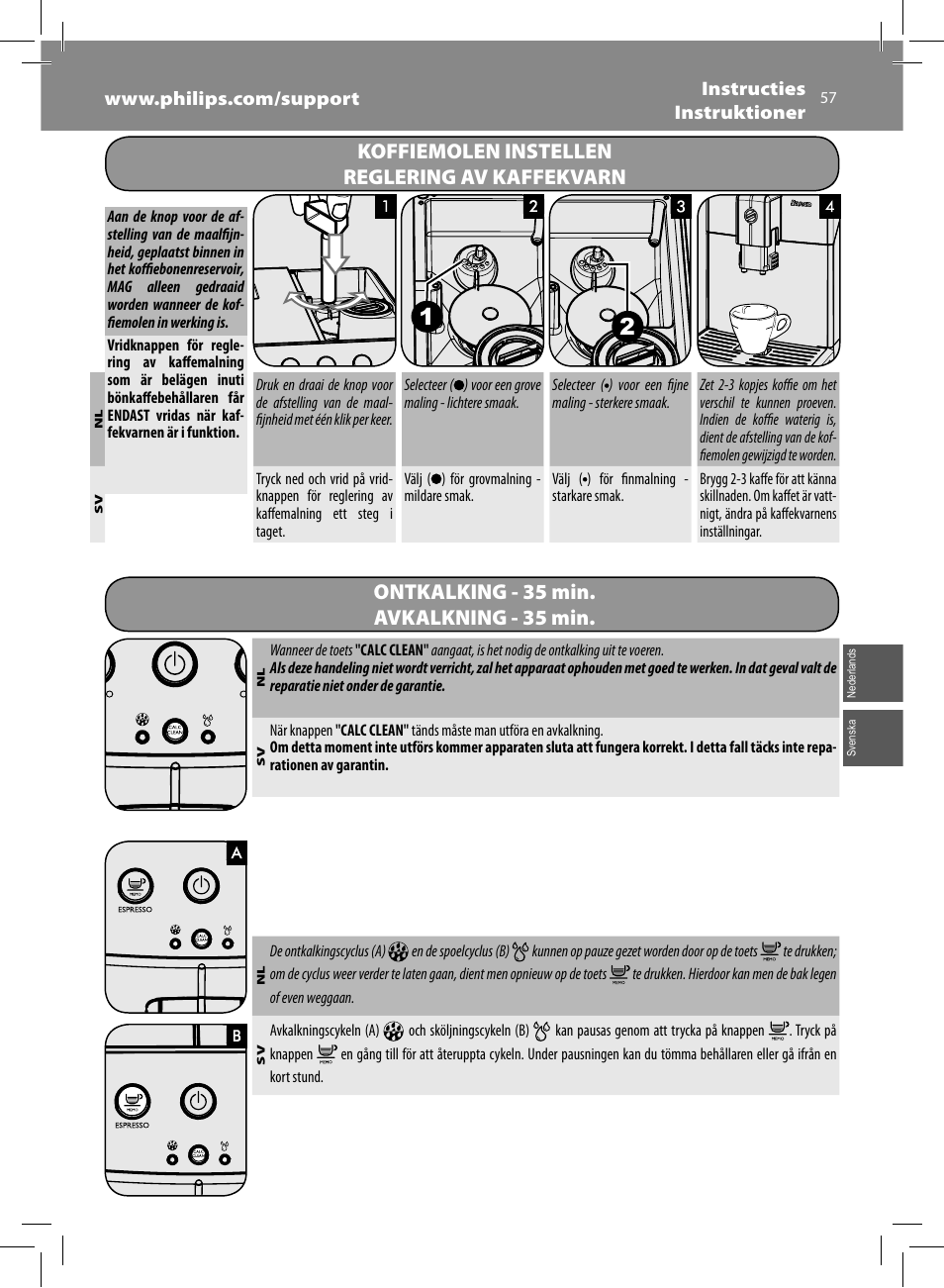 Koffiemolen instellen reglering av kaffekvarn, Ontkalking - 35 min. avkalkning - 35 min | Philips Saeco Minuto Machine espresso Super Automatique User Manual | Page 57 / 92