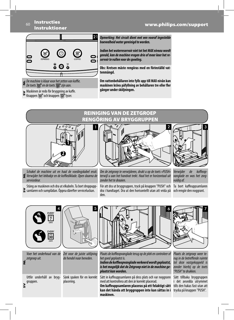Reiniging van de zetgroep rengöring av bryggruppen | Philips Saeco Minuto Machine espresso Super Automatique User Manual | Page 60 / 92