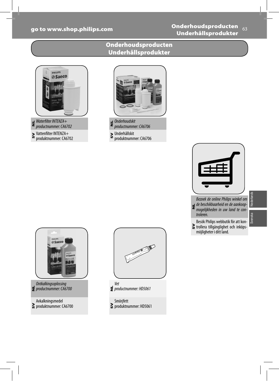 Onderhoudsproducten underhållsprodukter | Philips Saeco Minuto Machine espresso Super Automatique User Manual | Page 63 / 92