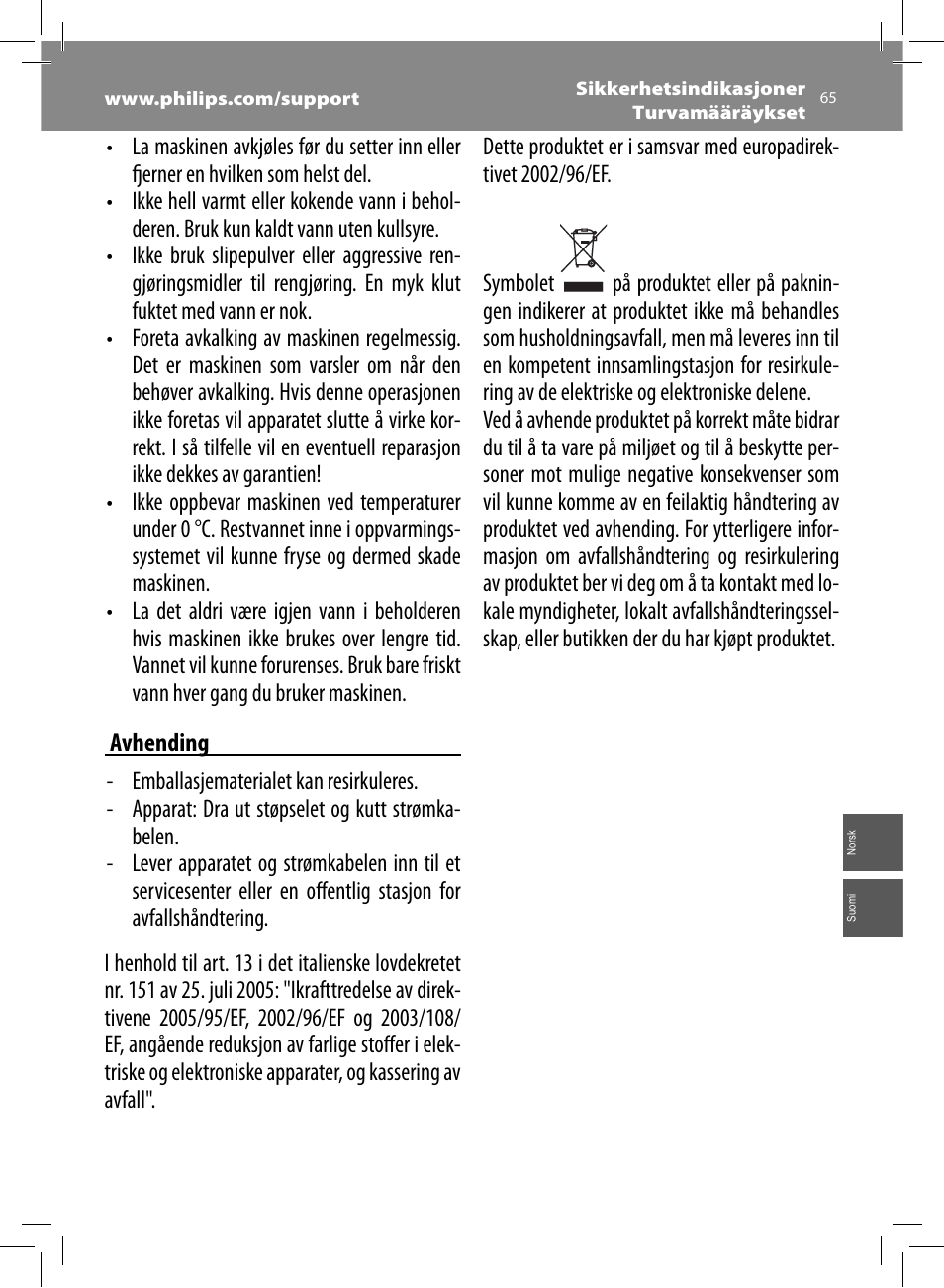 Avhending | Philips Saeco Minuto Machine espresso Super Automatique User Manual | Page 65 / 92