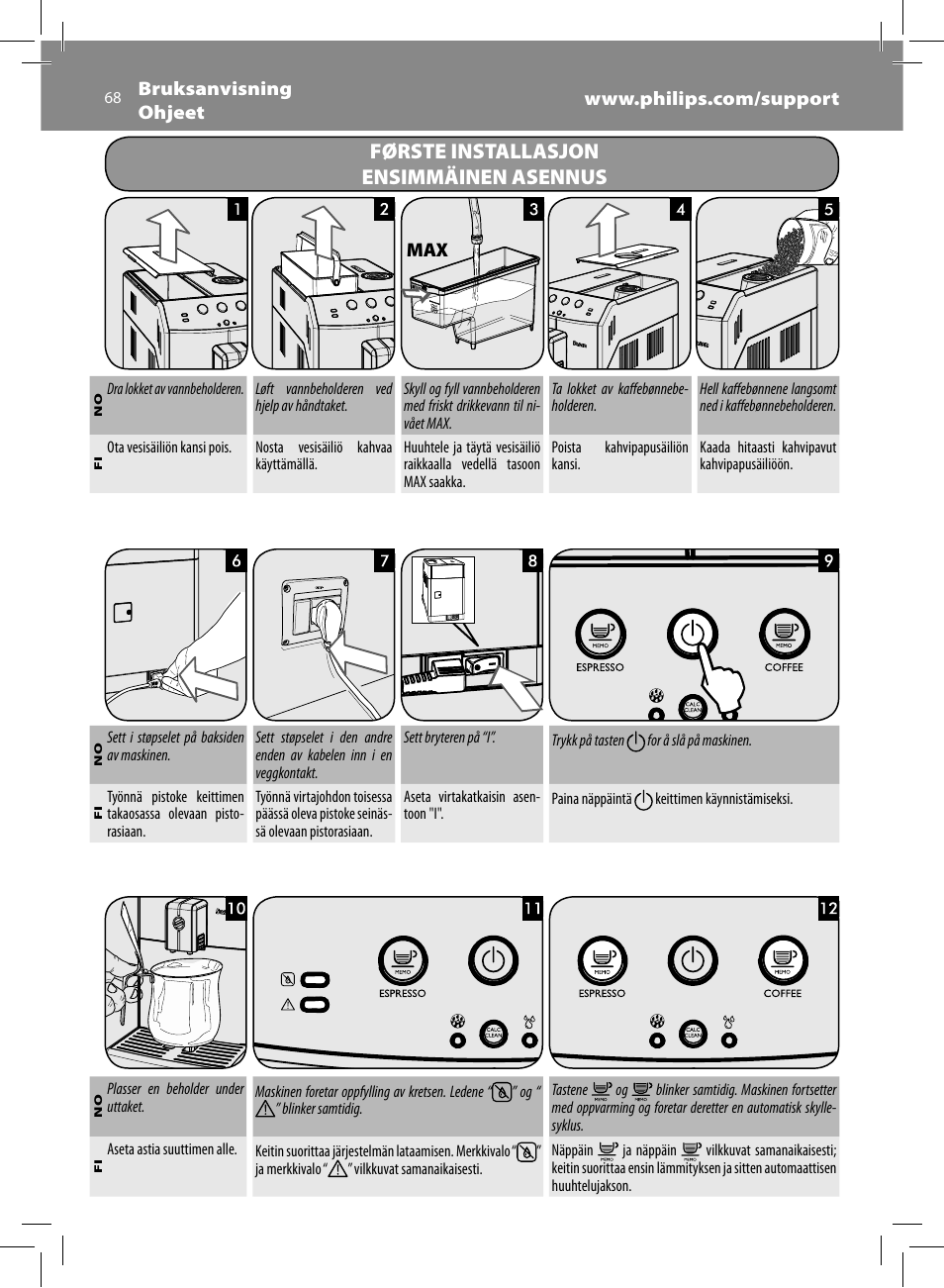 Første installasjon ensimmäinen asennus | Philips Saeco Minuto Machine espresso Super Automatique User Manual | Page 68 / 92