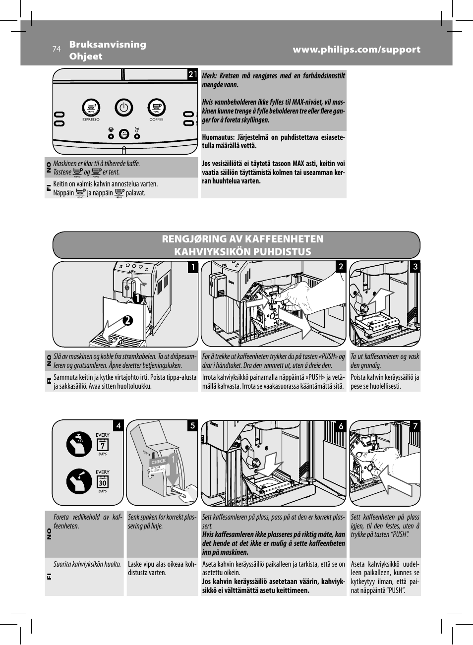 Rengjøring av kaffeenheten kahviyksikön puhdistus | Philips Saeco Minuto Machine espresso Super Automatique User Manual | Page 74 / 92