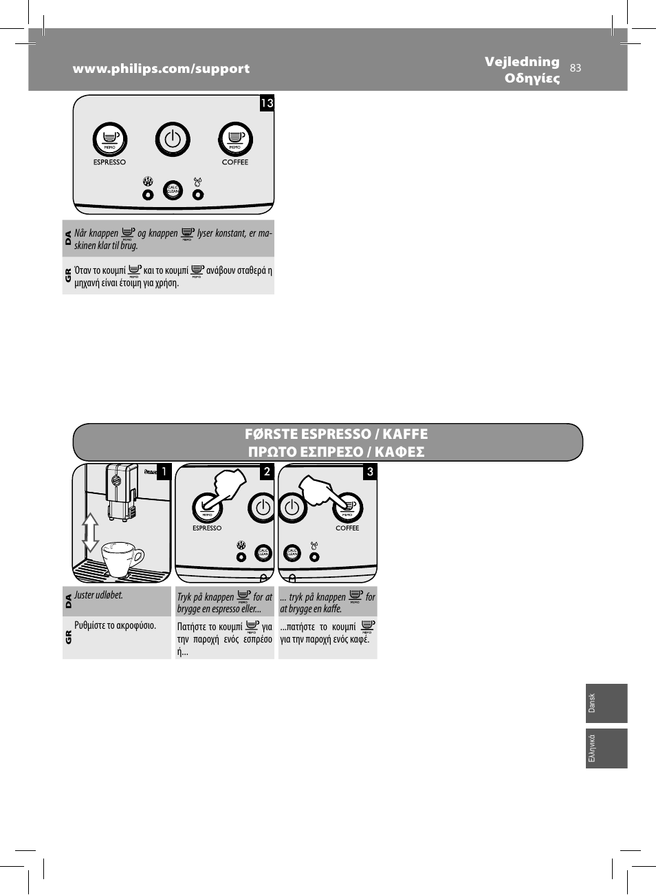 Første espresso / kaffe πρωτο εσπρεσο / καφεσ | Philips Saeco Minuto Machine espresso Super Automatique User Manual | Page 83 / 92
