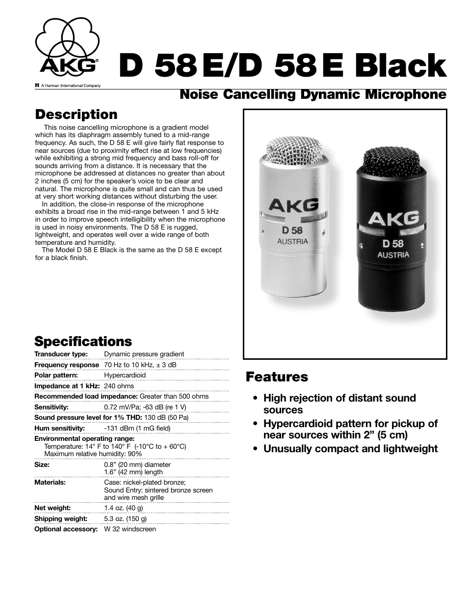 AKG Acoustics D 58E User Manual | 2 pages