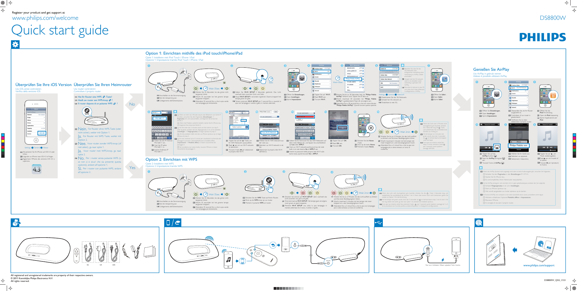 Quick start guide, Ds8800w, Option 2: einrichten mit wps | Nein, No yes überprüfen sie ihre ios version, Überprüfen sie ihren heimrouter, Genießen sie airplay | Philips Fidelio Enceinte sans fil SoundCurve User Manual | Page 2 / 2