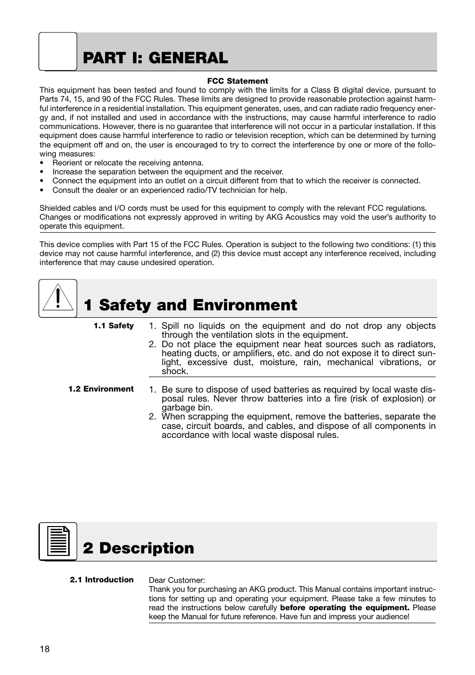 Part i: general, 1 safety and environment 2 description | AKG Acoustics HT 81 User Manual | Page 3 / 19
