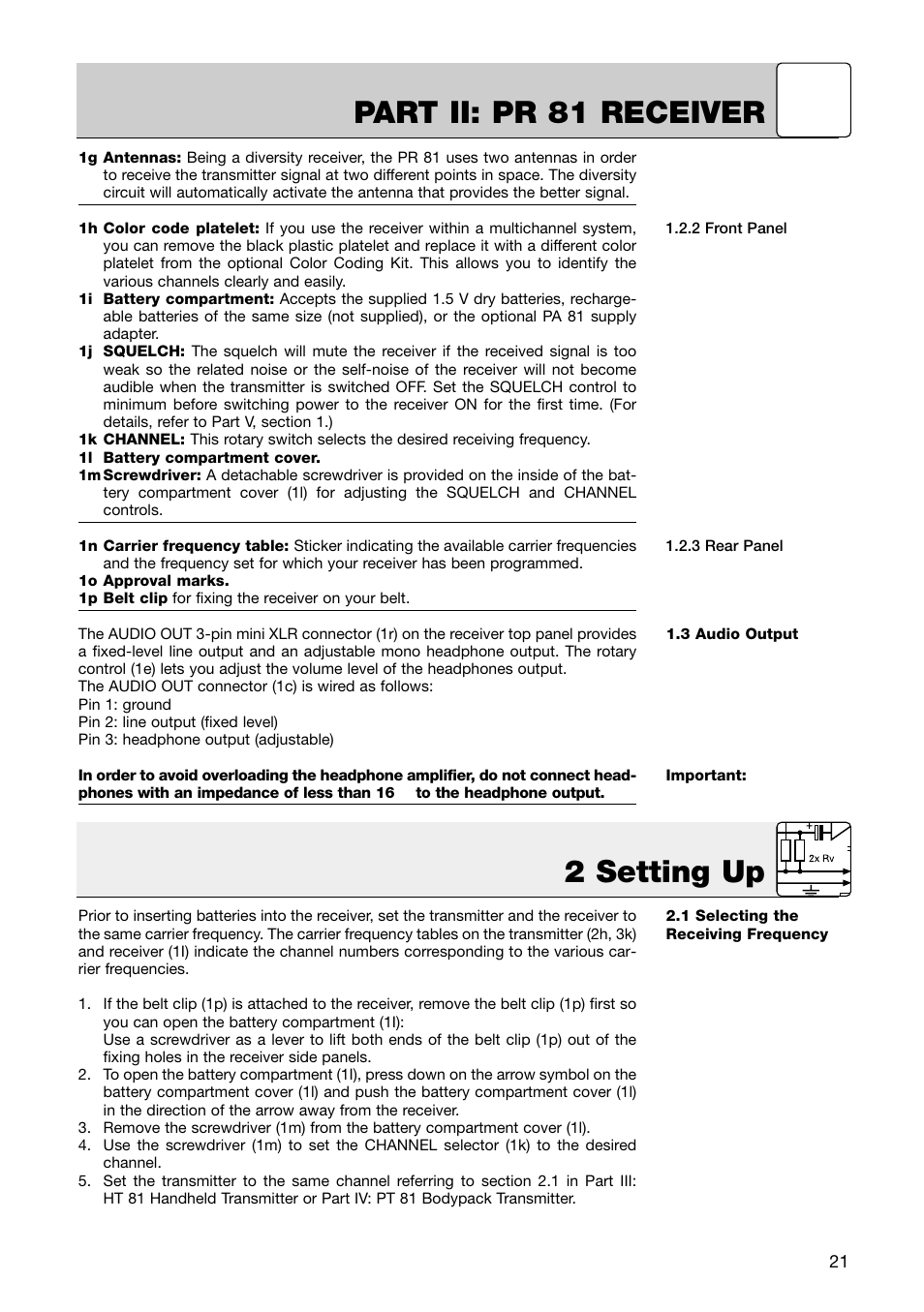 Part ii: pr 81 receiver, 2 setting up | AKG Acoustics HT 81 User Manual | Page 6 / 19