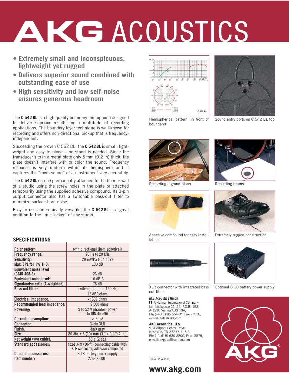 Specifications, Www.akg.com | AKG Acoustics C 542 BL User Manual | Page 2 / 2