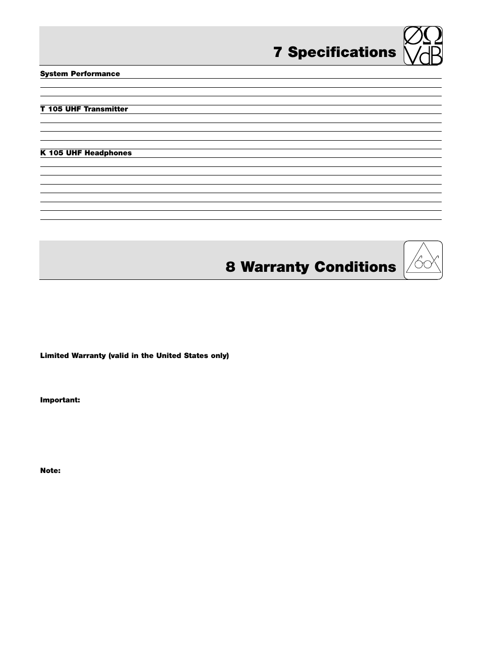 7 specifications, 8 warranty conditions | AKG Acoustics K 105 UHF User Manual | Page 15 / 48