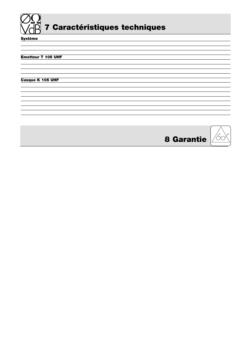 7 caractéristiques techniques, 8 garantie | AKG Acoustics K 105 UHF User Manual | Page 22 / 48