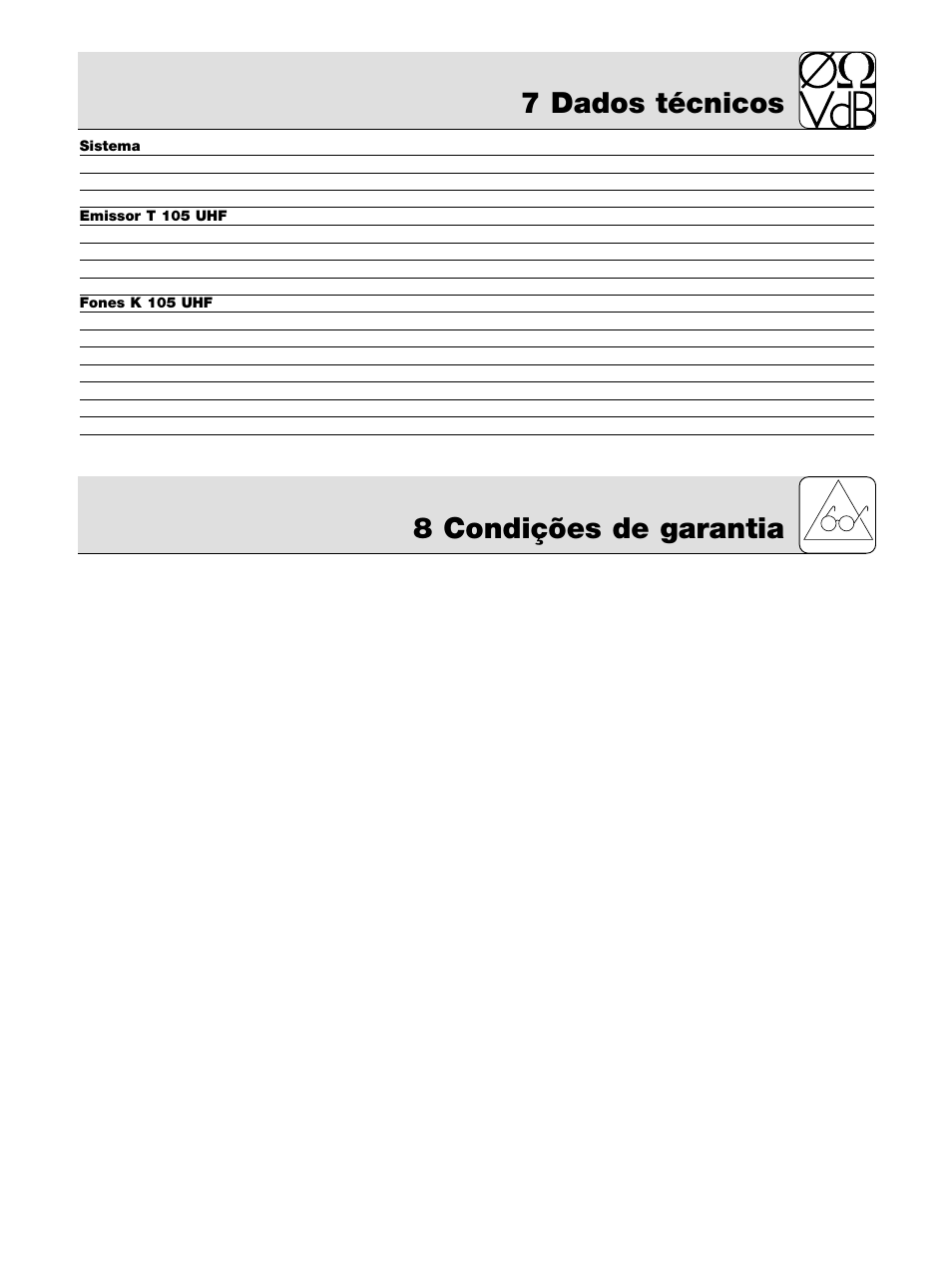 7 dados técnicos, 8 condições de garantia | AKG Acoustics K 105 UHF User Manual | Page 43 / 48