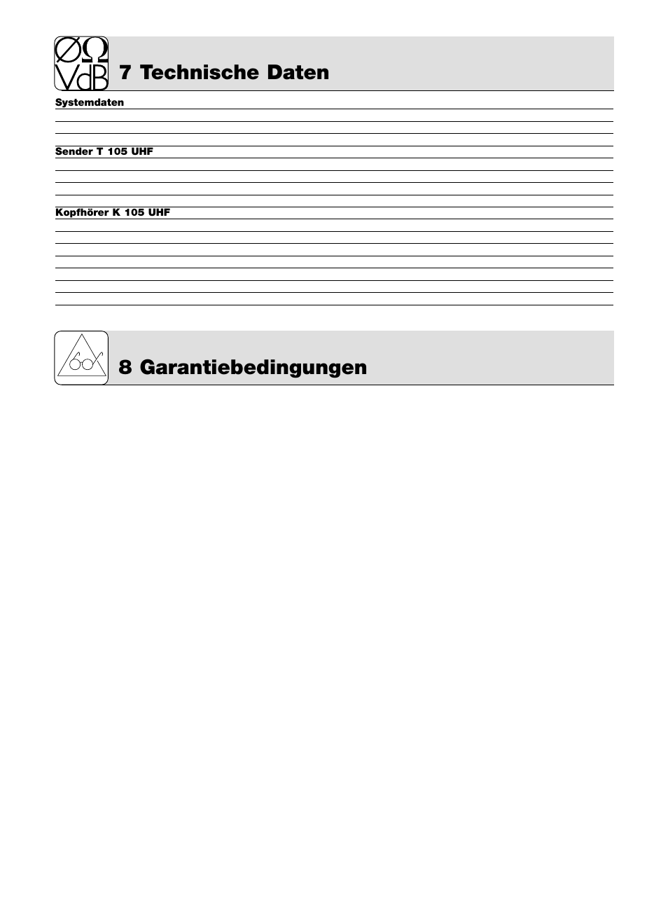 7 technische daten, 8 garantiebedingungen | AKG Acoustics K 105 UHF User Manual | Page 8 / 48