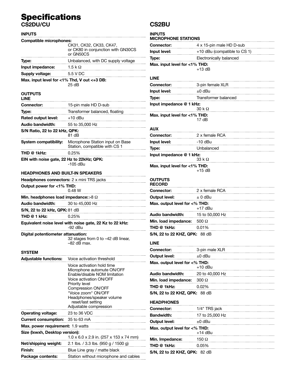 Specifications, Cs2bu, Cs2du/cu | AKG Acoustics CS2 User Manual | Page 3 / 4