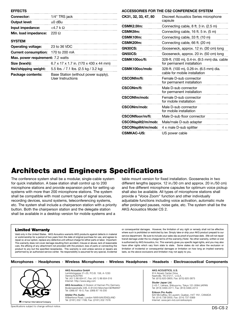 Architects and engineers specifications | AKG Acoustics CS2 User Manual | Page 4 / 4