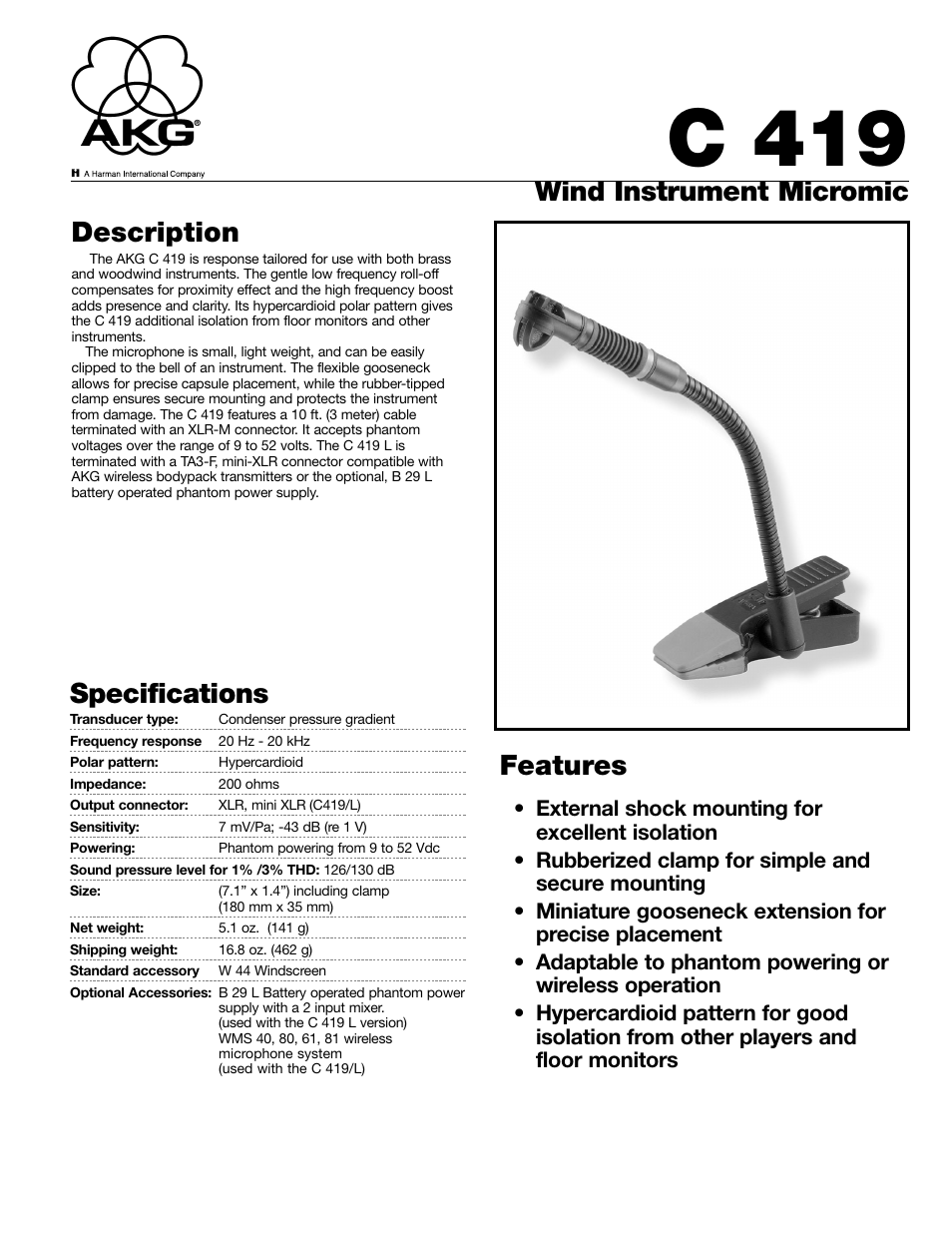 AKG Acoustics C 419 User Manual | 2 pages