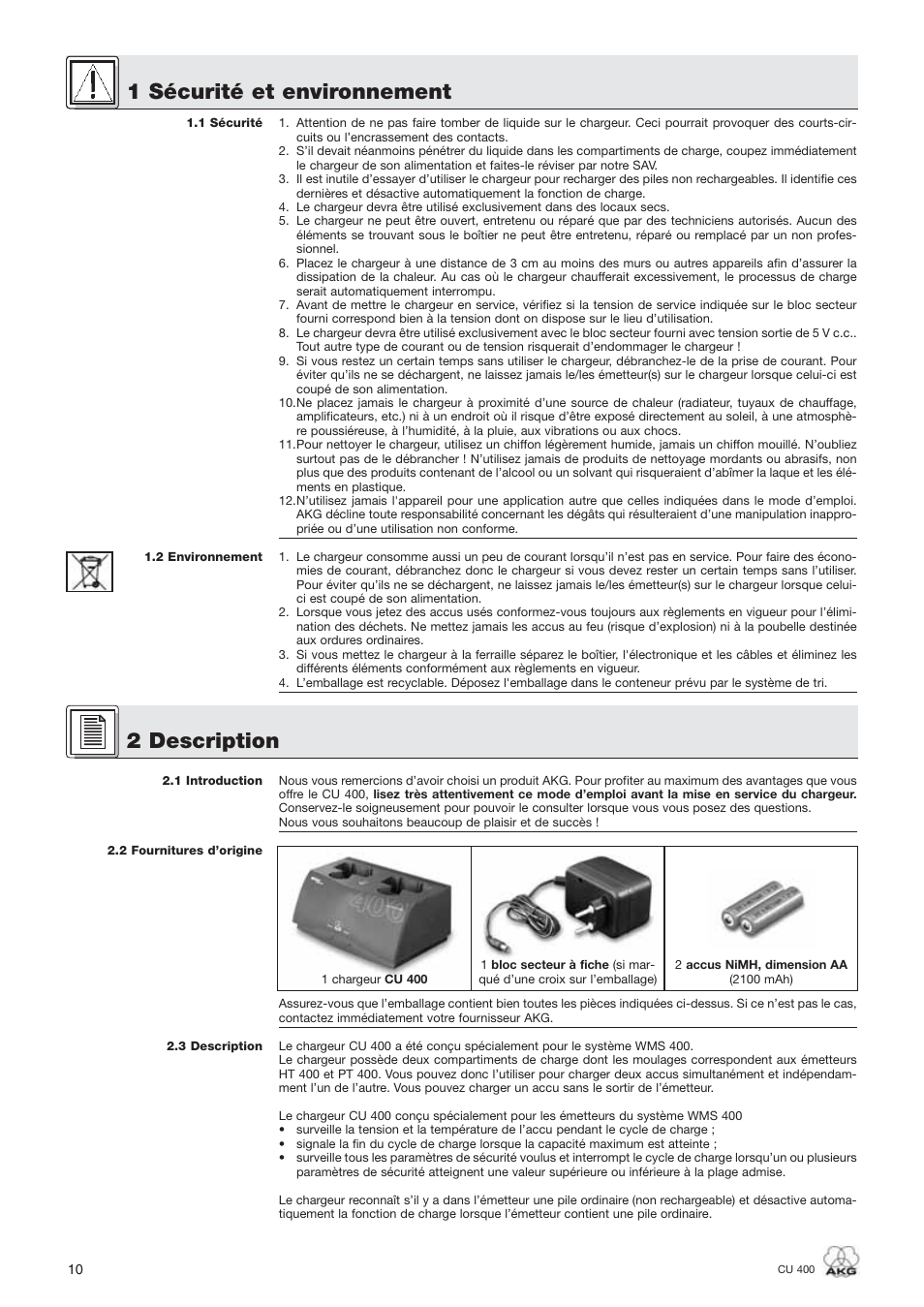 1 sécurité et environnement, 2 description | AKG Acoustics WMS400 CU 400 User Manual | Page 10 / 32