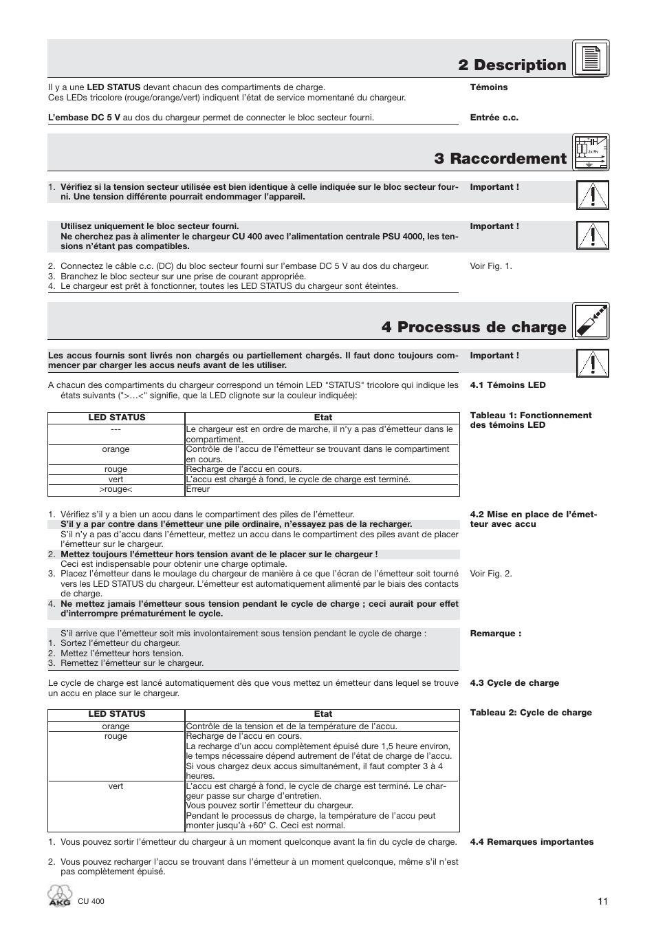 2 description, 3 raccordement 4 processus de charge | AKG Acoustics WMS400 CU 400 User Manual | Page 11 / 32