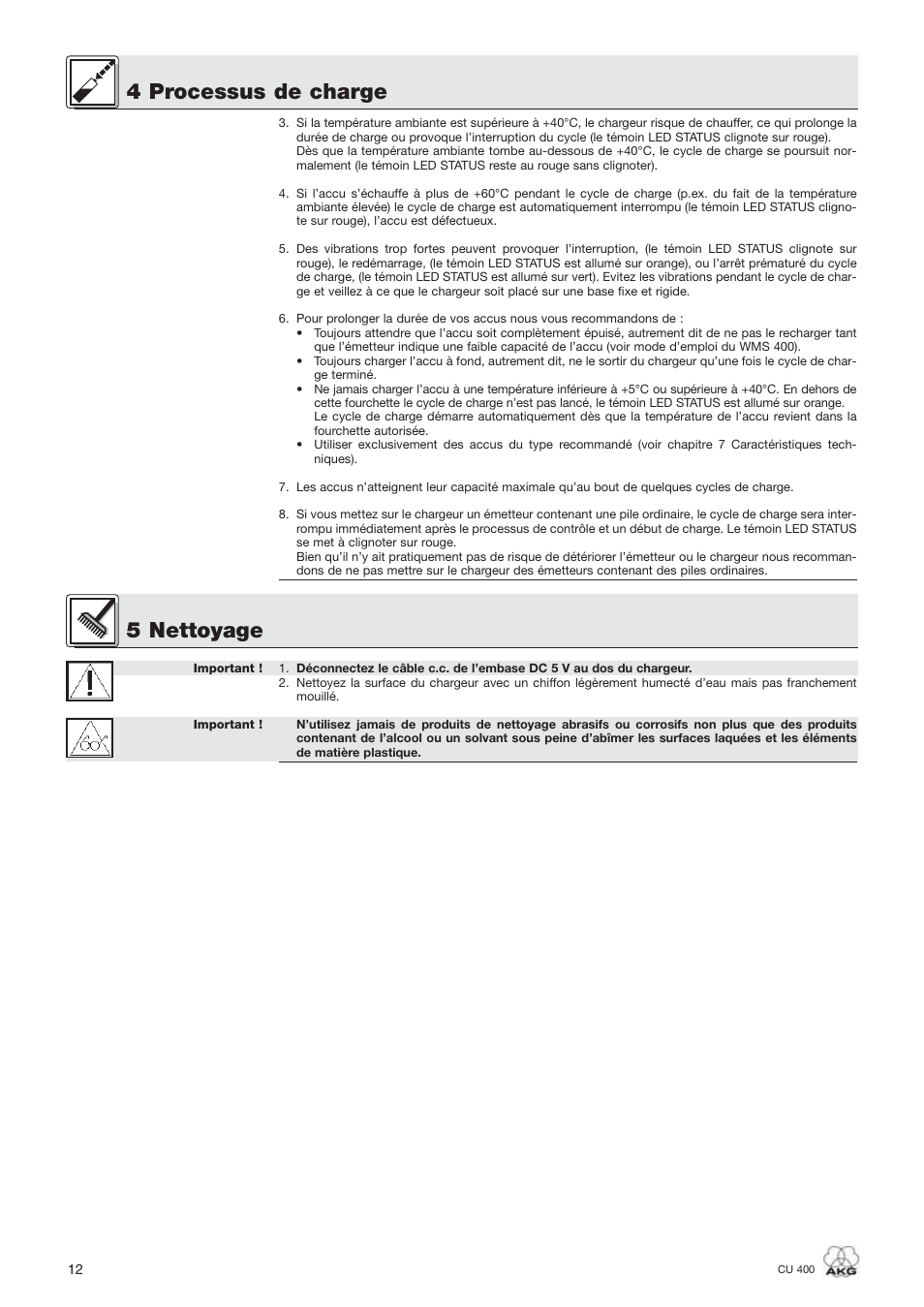 4 processus de charge, 5 nettoyage | AKG Acoustics WMS400 CU 400 User Manual | Page 12 / 32