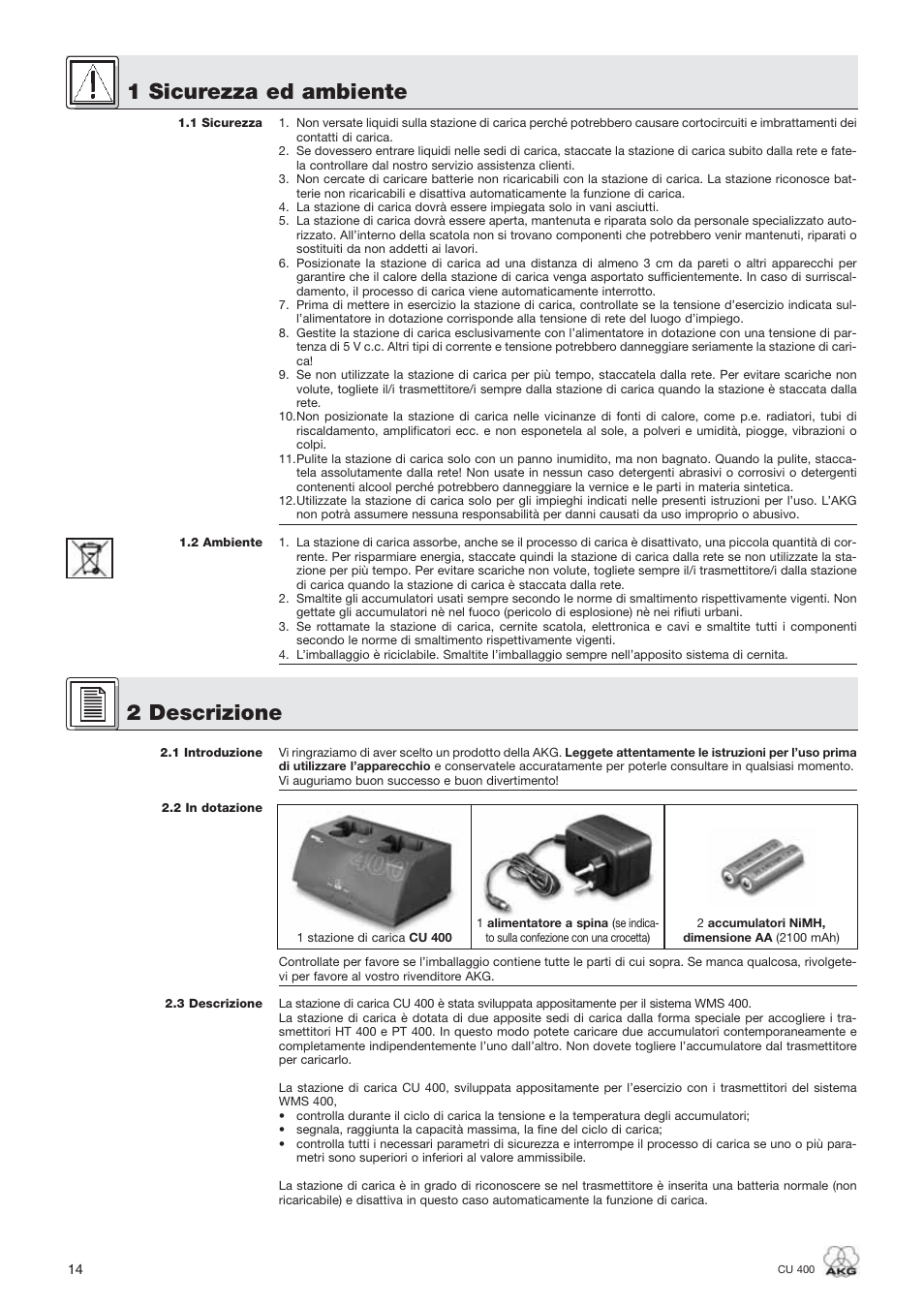 1 sicurezza ed ambiente, 2 descrizione | AKG Acoustics WMS400 CU 400 User Manual | Page 14 / 32