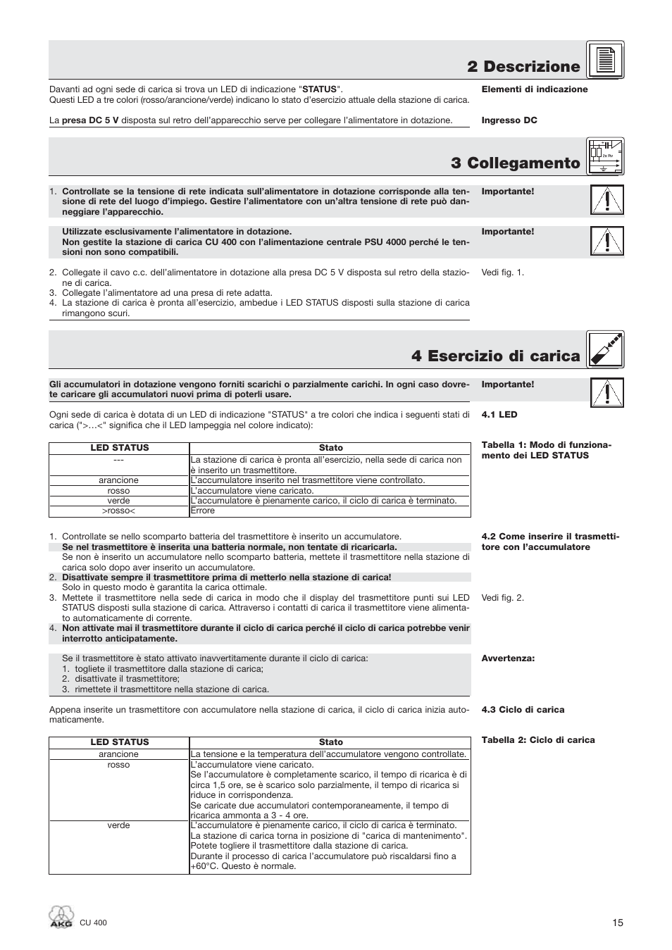 2 descrizione, 3 collegamento 4 esercizio di carica | AKG Acoustics WMS400 CU 400 User Manual | Page 15 / 32