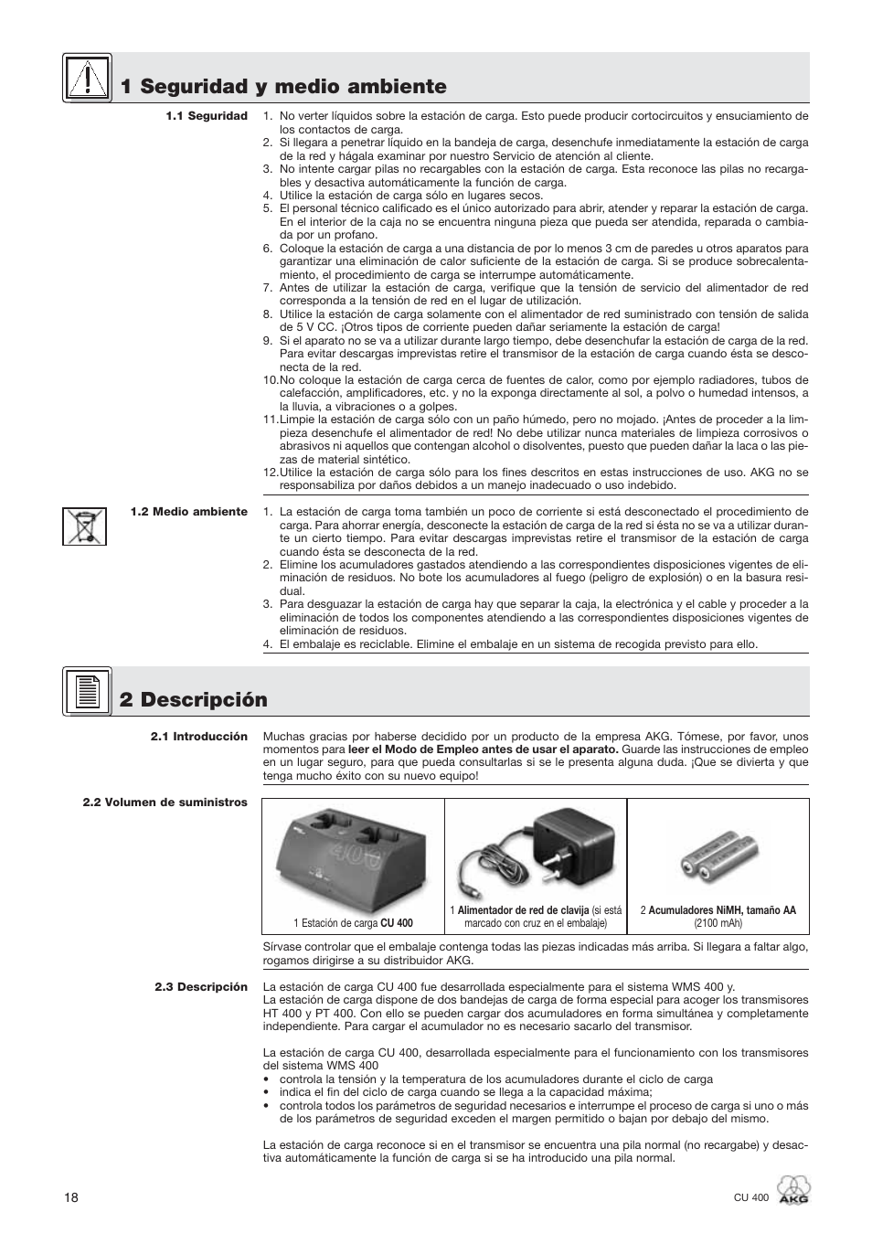 1 seguridad y medio ambiente, 2 descripción | AKG Acoustics WMS400 CU 400 User Manual | Page 18 / 32