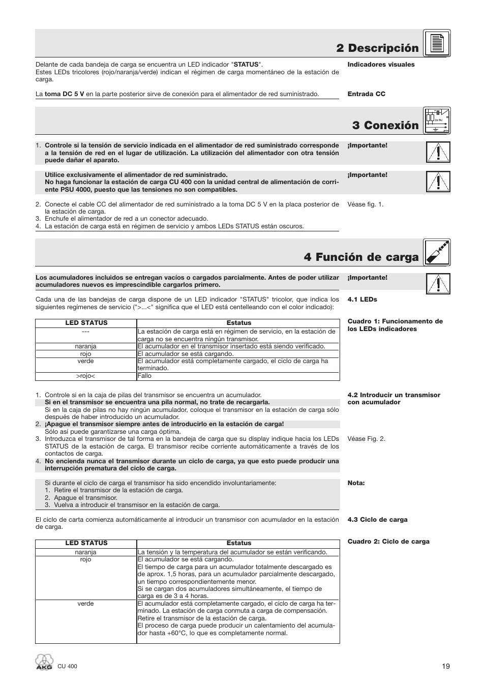 2 descripción, 3 conexión 4 función de carga | AKG Acoustics WMS400 CU 400 User Manual | Page 19 / 32