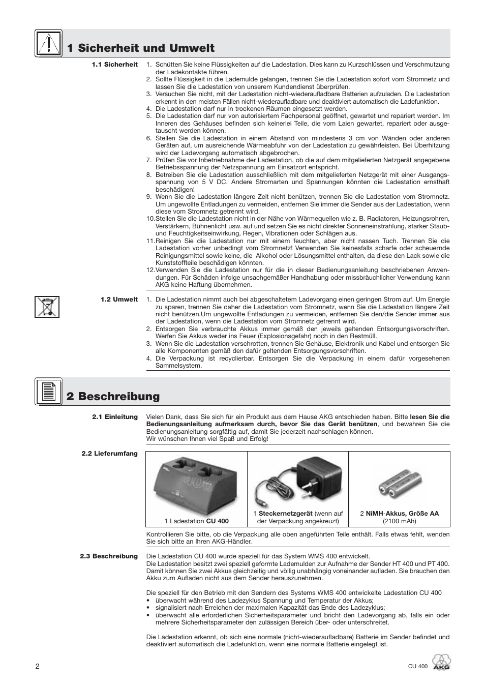 1 sicherheit und umwelt 2 beschreibung | AKG Acoustics WMS400 CU 400 User Manual | Page 2 / 32