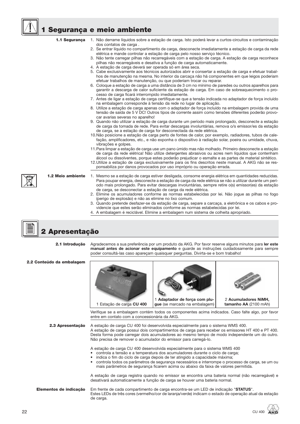 1 segurança e meio ambiente, 2 apresentação | AKG Acoustics WMS400 CU 400 User Manual | Page 22 / 32