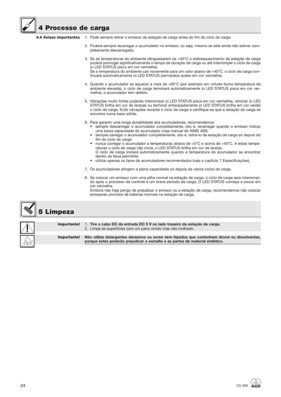 4 processo de carga, 5 limpeza | AKG Acoustics WMS400 CU 400 User Manual | Page 24 / 32