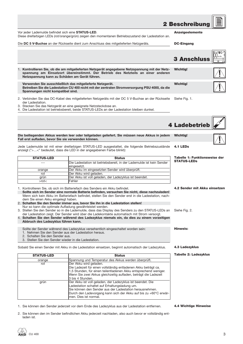 3 anschluss 4 ladebetrieb, 2 beschreibung | AKG Acoustics WMS400 CU 400 User Manual | Page 3 / 32