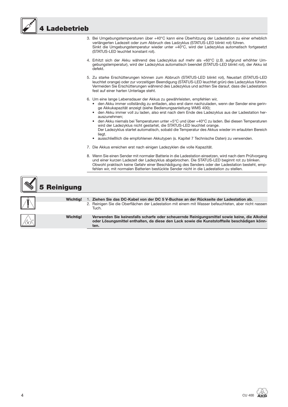 4 ladebetrieb, 5 reinigung | AKG Acoustics WMS400 CU 400 User Manual | Page 4 / 32