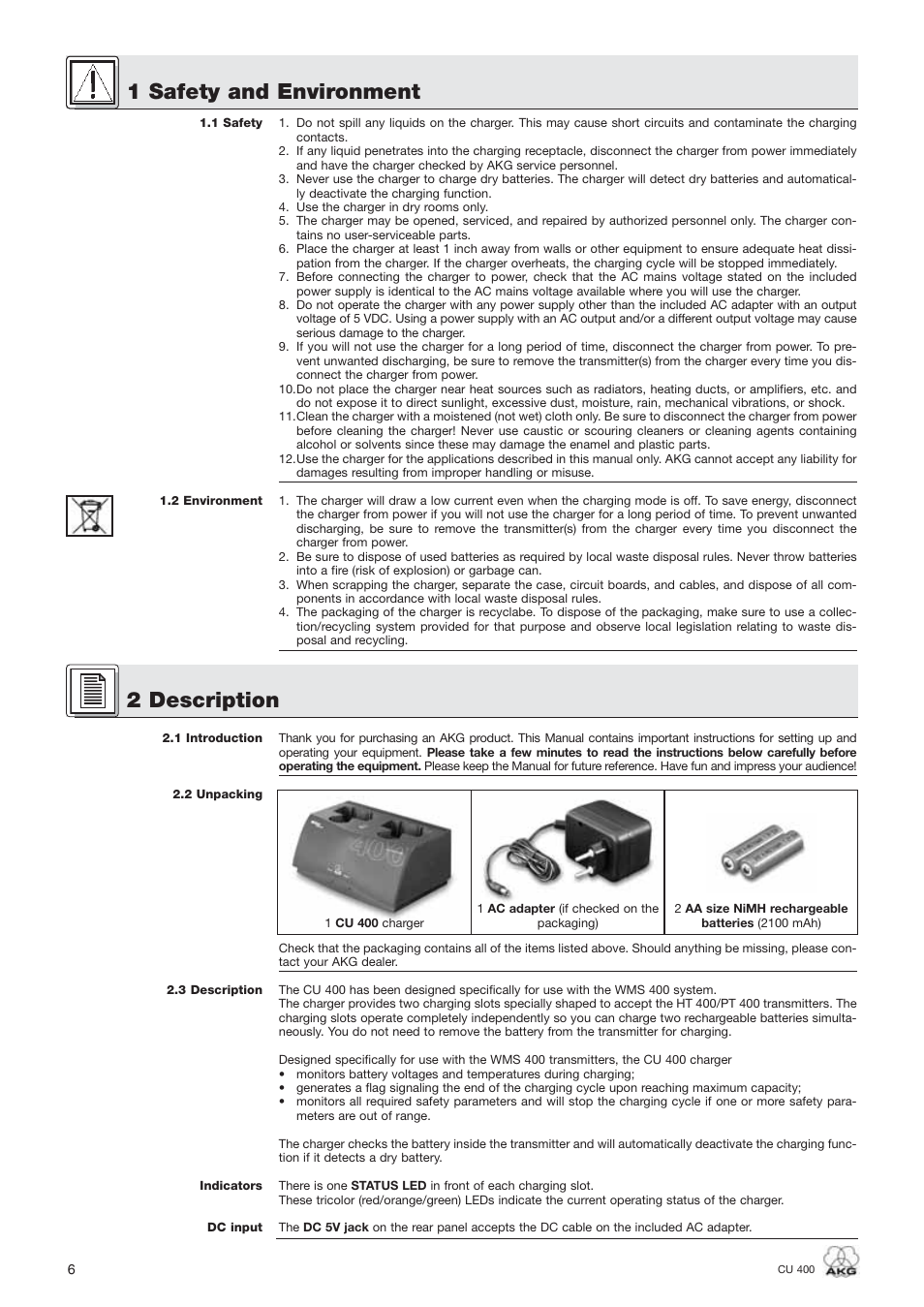 1 safety and environment, 2 description | AKG Acoustics WMS400 CU 400 User Manual | Page 6 / 32