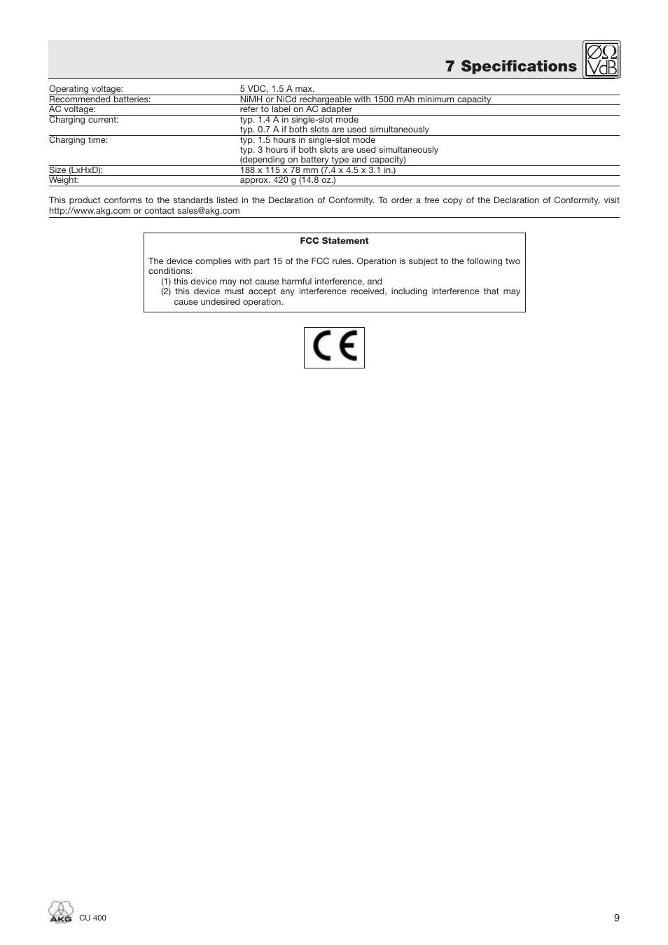 7 specifications | AKG Acoustics WMS400 CU 400 User Manual | Page 9 / 32