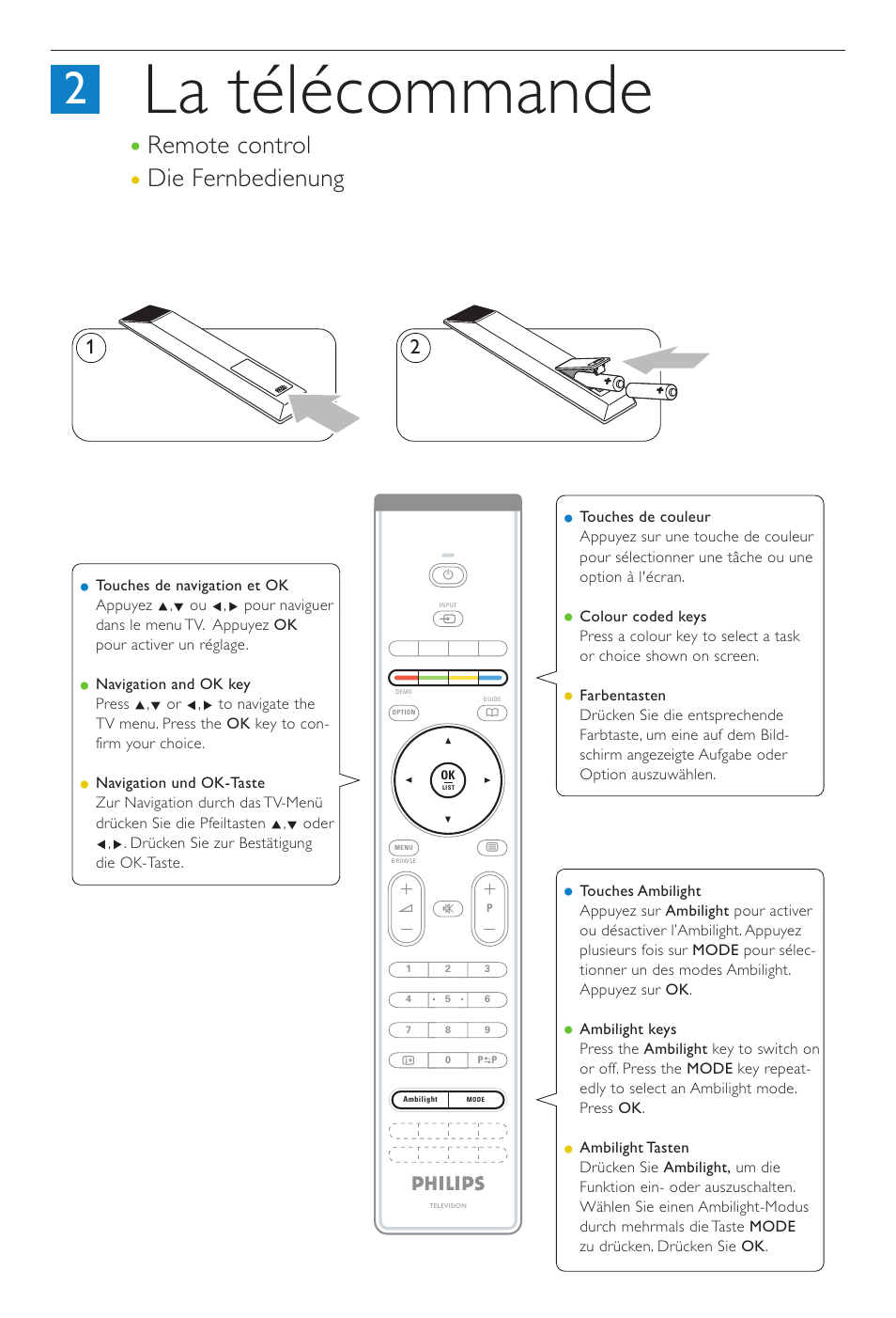 La télécommande, Remote control die fernbedienung | Philips Cineos Téléviseur HDTV User Manual | Page 4 / 12