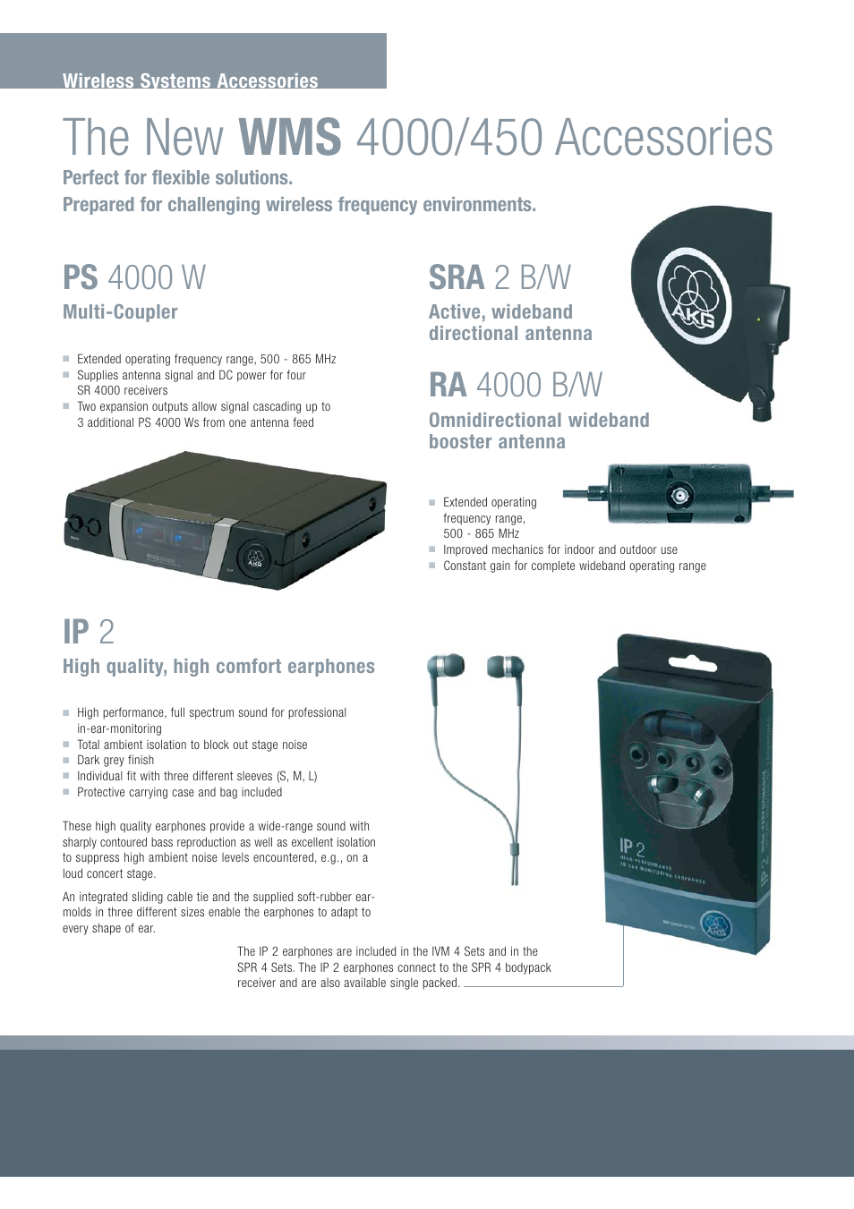 Wireless systems accessories multi-coupler, High quality, high comfort earphones, Omnidirectional wideband booster antenna | AKG Acoustics Perception 420 User Manual | Page 10 / 12