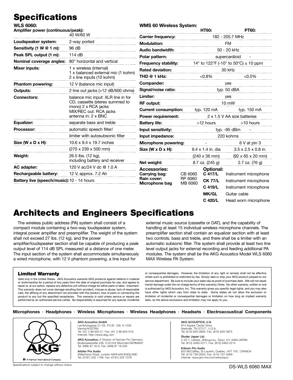 Architects and engineers specifications, Specifications | AKG Acoustics WLS 6060 MAX User Manual | Page 2 / 2