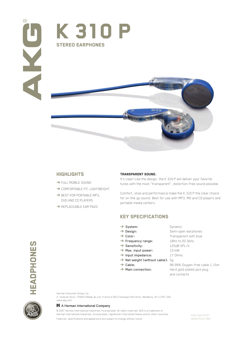 AKG Acoustics K310P User Manual | 1 page