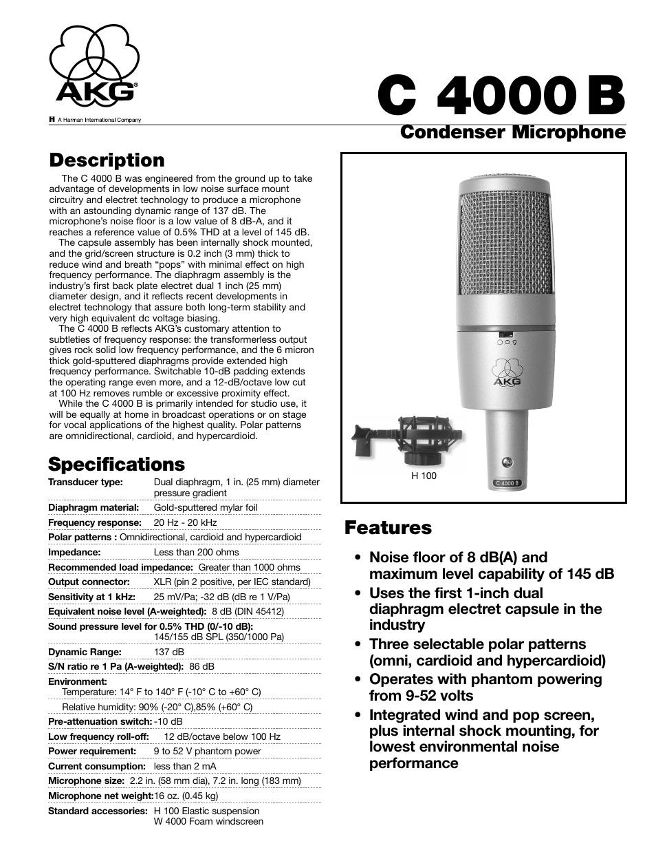 AKG Acoustics C 4000B User Manual | 2 pages