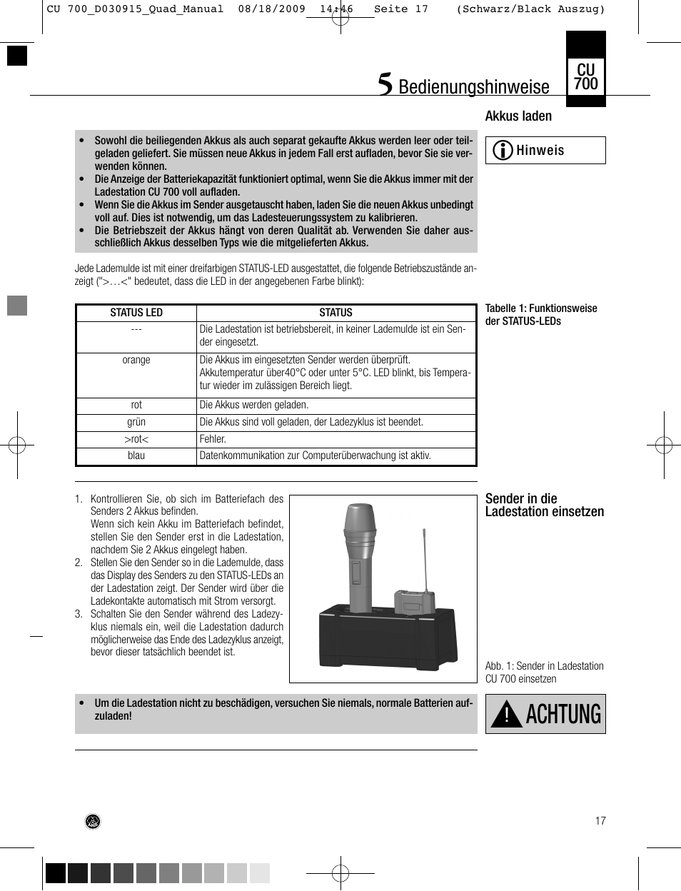 Achtung, Bedienungshinweise, Cu 700 | AKG Acoustics CU700 User Manual | Page 17 / 44